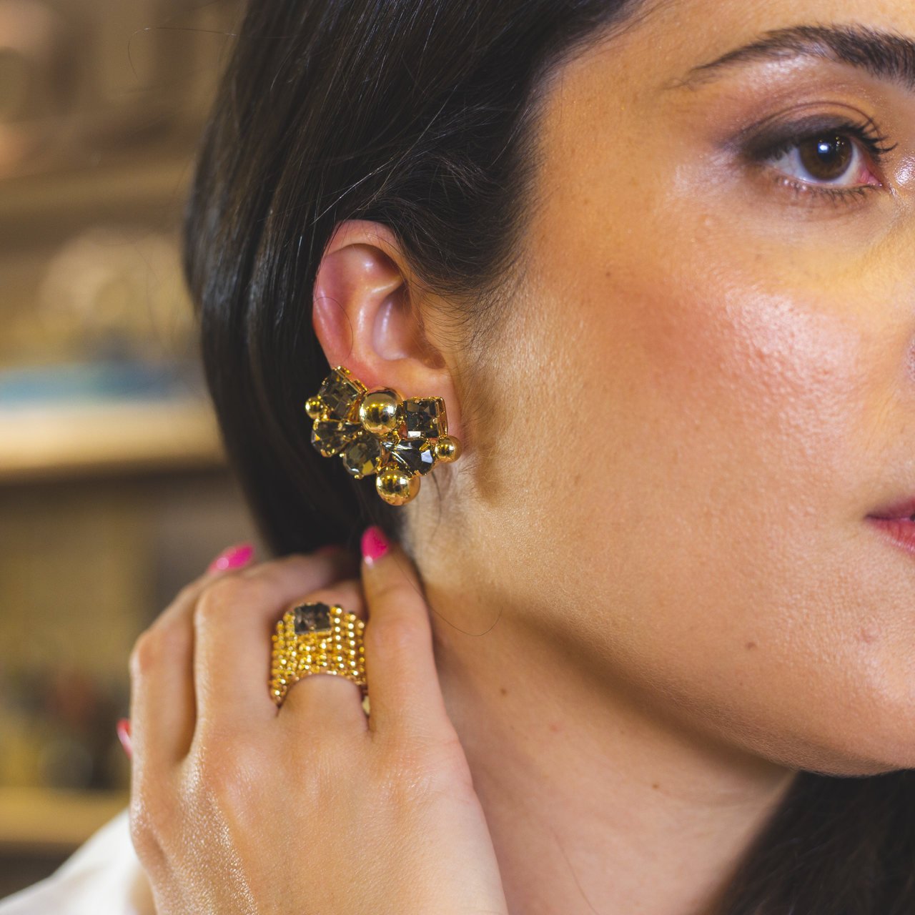 BRINCOS EAR CUFFS MIX CRISTAIS CINZA BANHO OURO