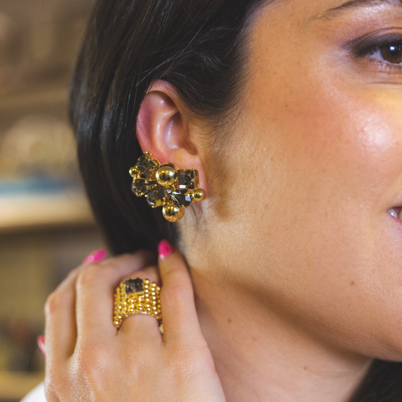 BRINCOS EAR CUFFS MIX CRISTAIS CINZA BANHO OURO