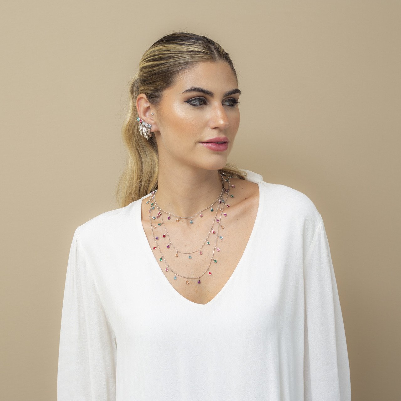 CHOKER CRISTAIS GOTA COLORIDOS BANHO RÓDIO BRANCO
