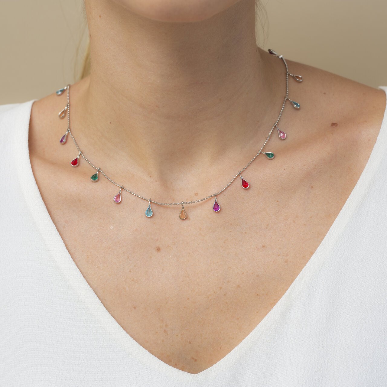 CHOKER CRISTAIS GOTA COLORIDOS BANHO RÓDIO BRANCO