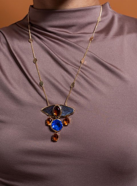 COLAR ESTRO CRISTAIS CITRINO MADREPÉROLA AZUL BANHO OURO