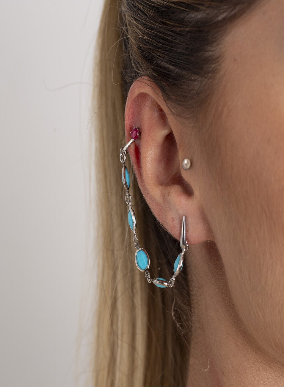 BRINCOS ELOÁ EAR CUFF CORRENTE RESINA TURQUESA BANHO RÓDIO BRANCO