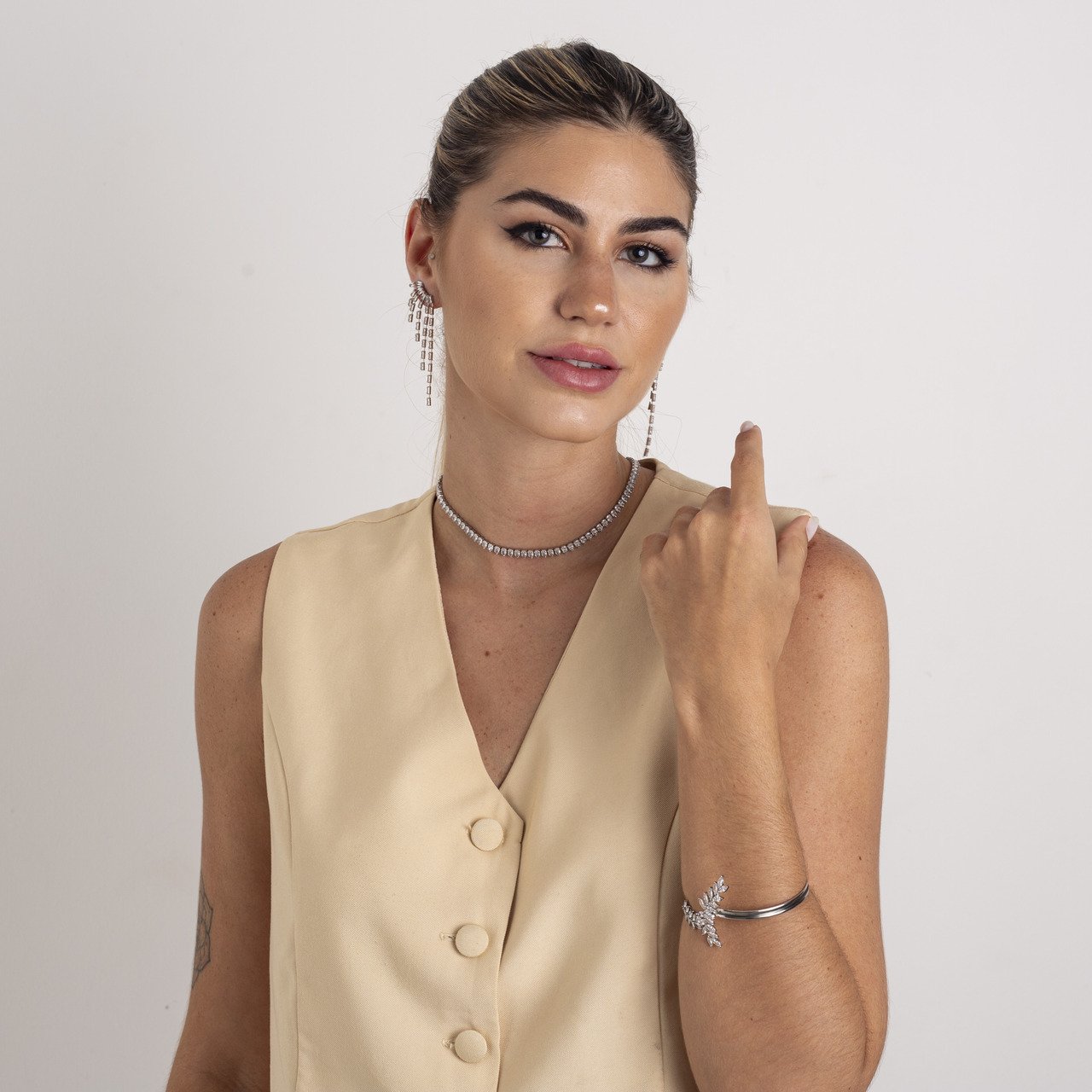 BRACELETE ATHENAS CRISTAIS NAVETES INCOLOR BANHO RÓDIO BRANCO