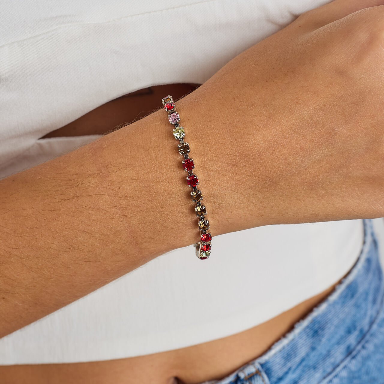 PULSEIRA MIX CRISTAIS COLORIDOS BANHO RÓDIO BRANCO