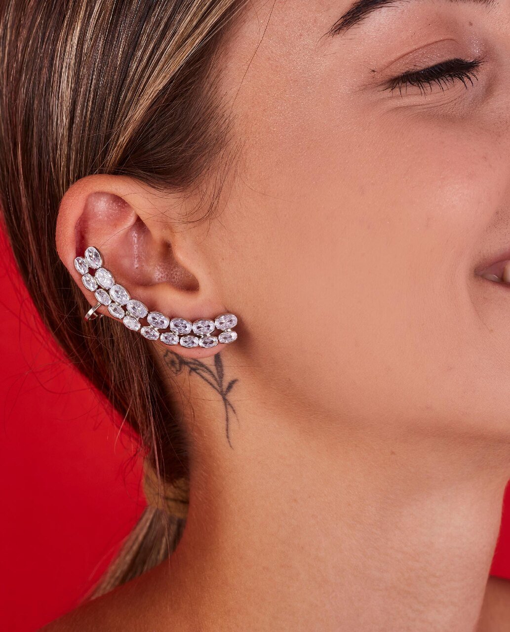 BRINCOS EAR CUFF SEPHORA ZIRCÔNIA INCOLOR BANHO RÓDIO BRANCO