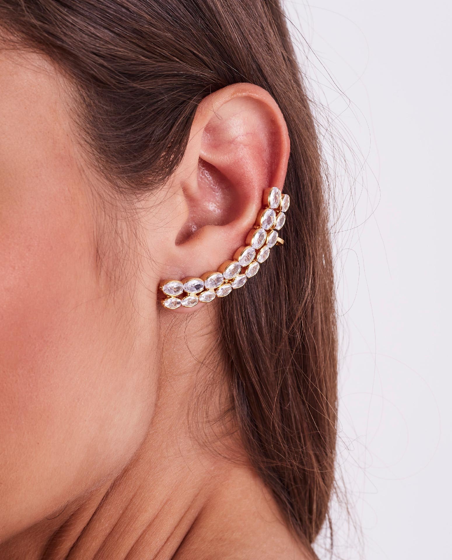 BRINCOS EAR CUFFS SEPHORA ZIRCÔNIAS INCOLORES BANHO OURO