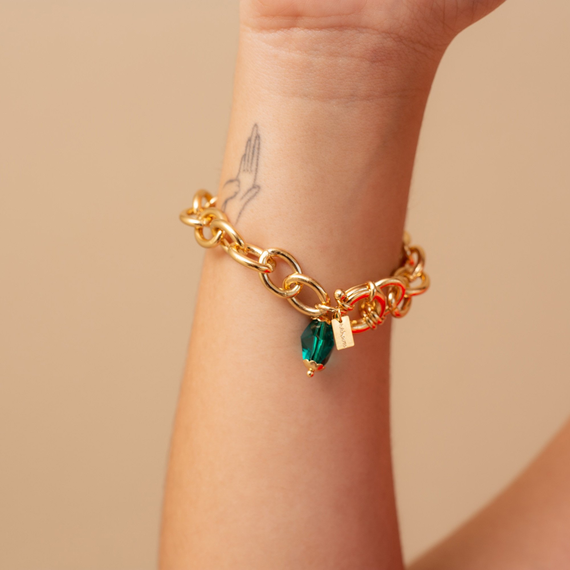PULSEIRA LORA CORRENTE GROSSA PINGENTE VERDE BANHO OURO