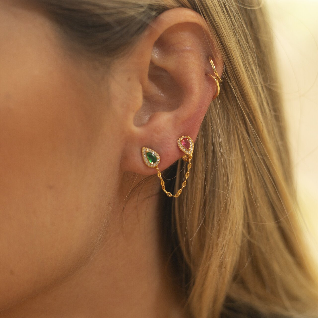 BRINCOS EAR CUFFS PRINCESS MIX CRISTAIS BANHO OURO