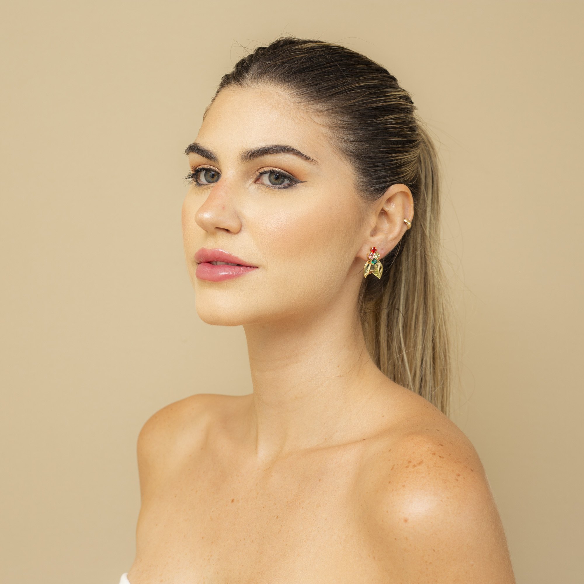 BRINCOS FOLHAS CRAVAÇÃO ZIRCÔNIAS COLORIDAS BANHO OURO