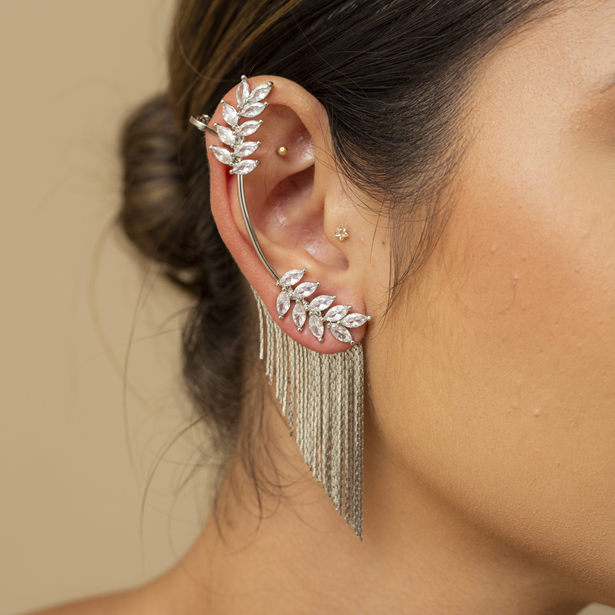 BRINCOS EAR CUFFS WINGS FOLHAS CRISTAL INCOLOR BANHO RÓDIO
