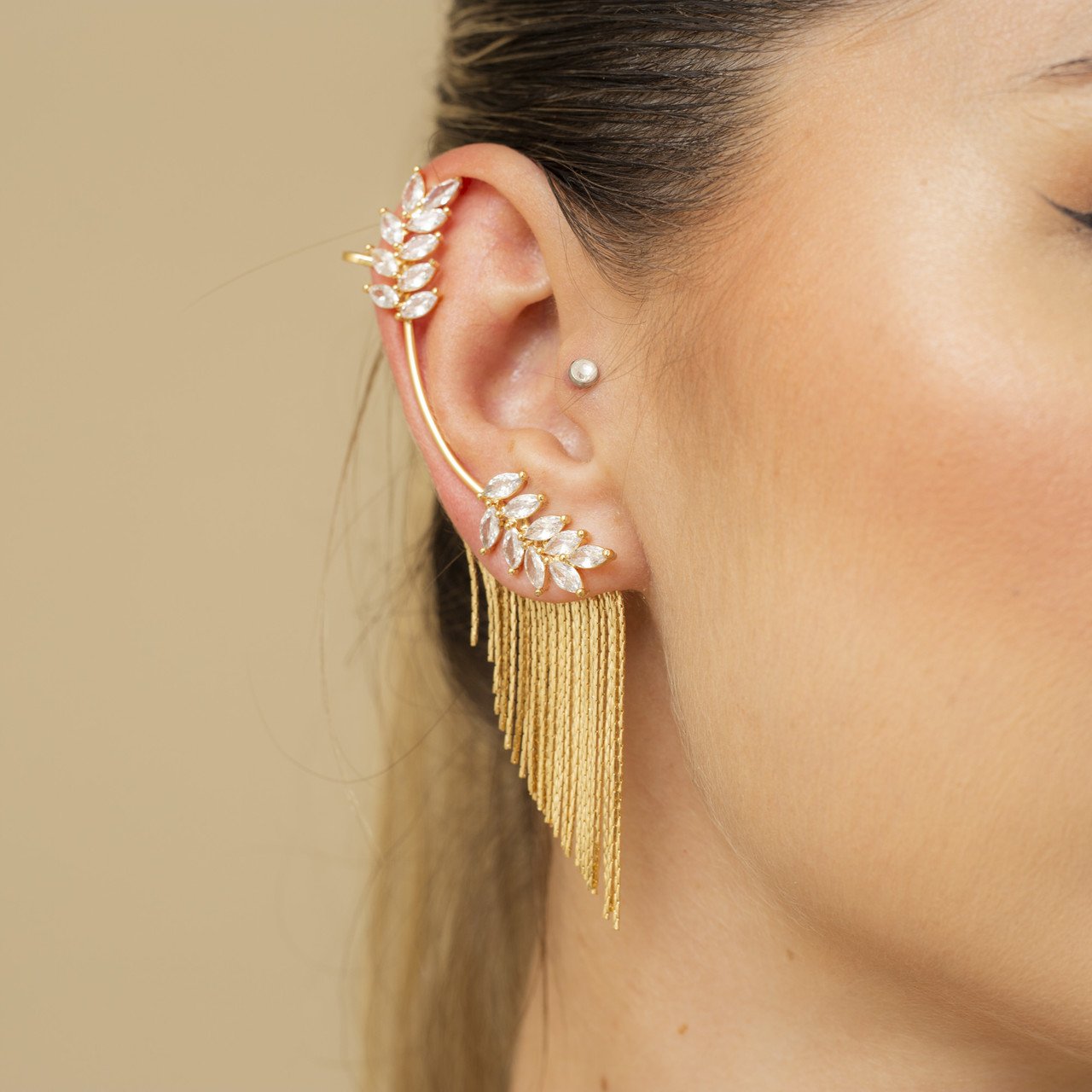 BRINCOS EAR CUFFS WINGS FOLHAS CRISTAL INCOLOR BANHO OURO