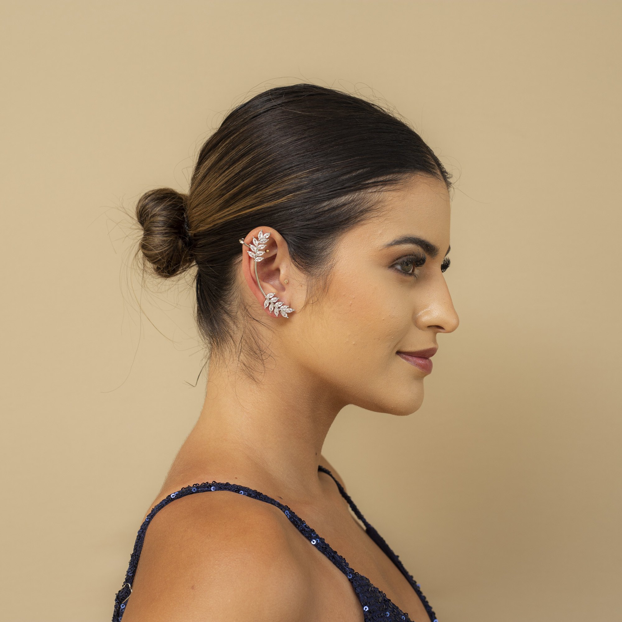 BRINCOS EAR CUFFS WINGS FOLHAS CRISTAL INCOLOR BANHO RÓDIO