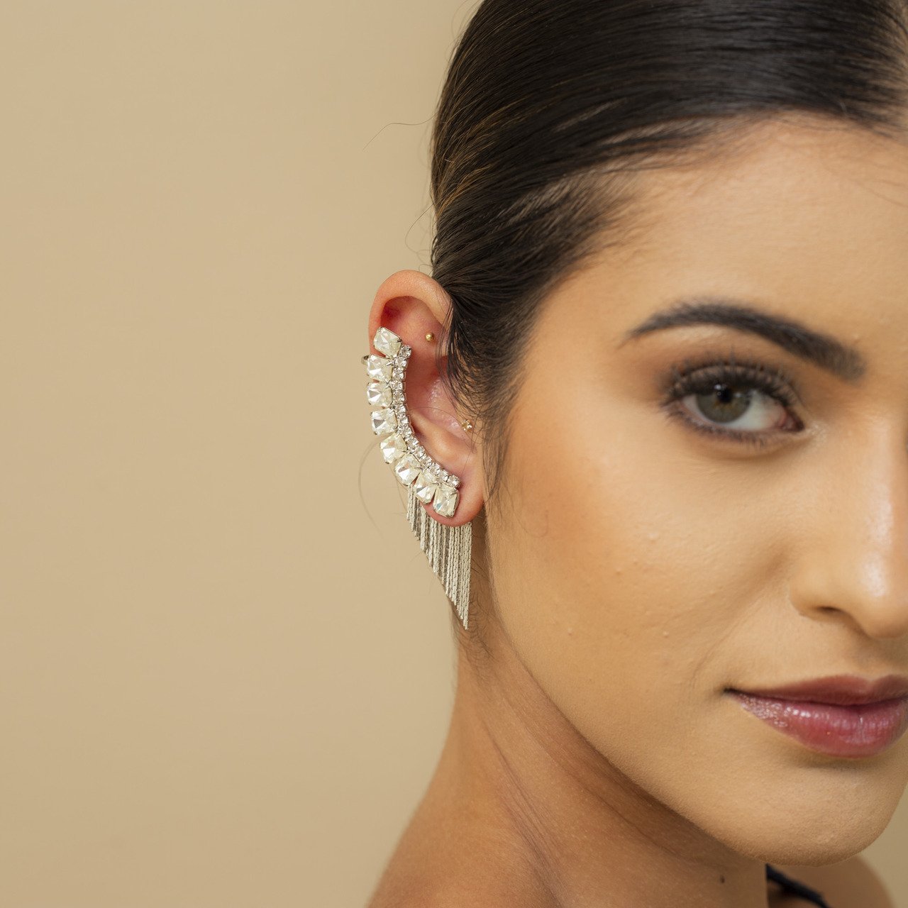 BRINCOS EAR CUFFS EVA CRISTAL QUADRADO ZIRCÔNIA RÓDIO BRANCO