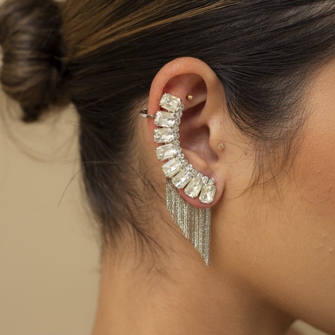 BRINCOS EAR CUFFS EVA CRISTAL QUADRADO ZIRCÔNIA RÓDIO BRANCO