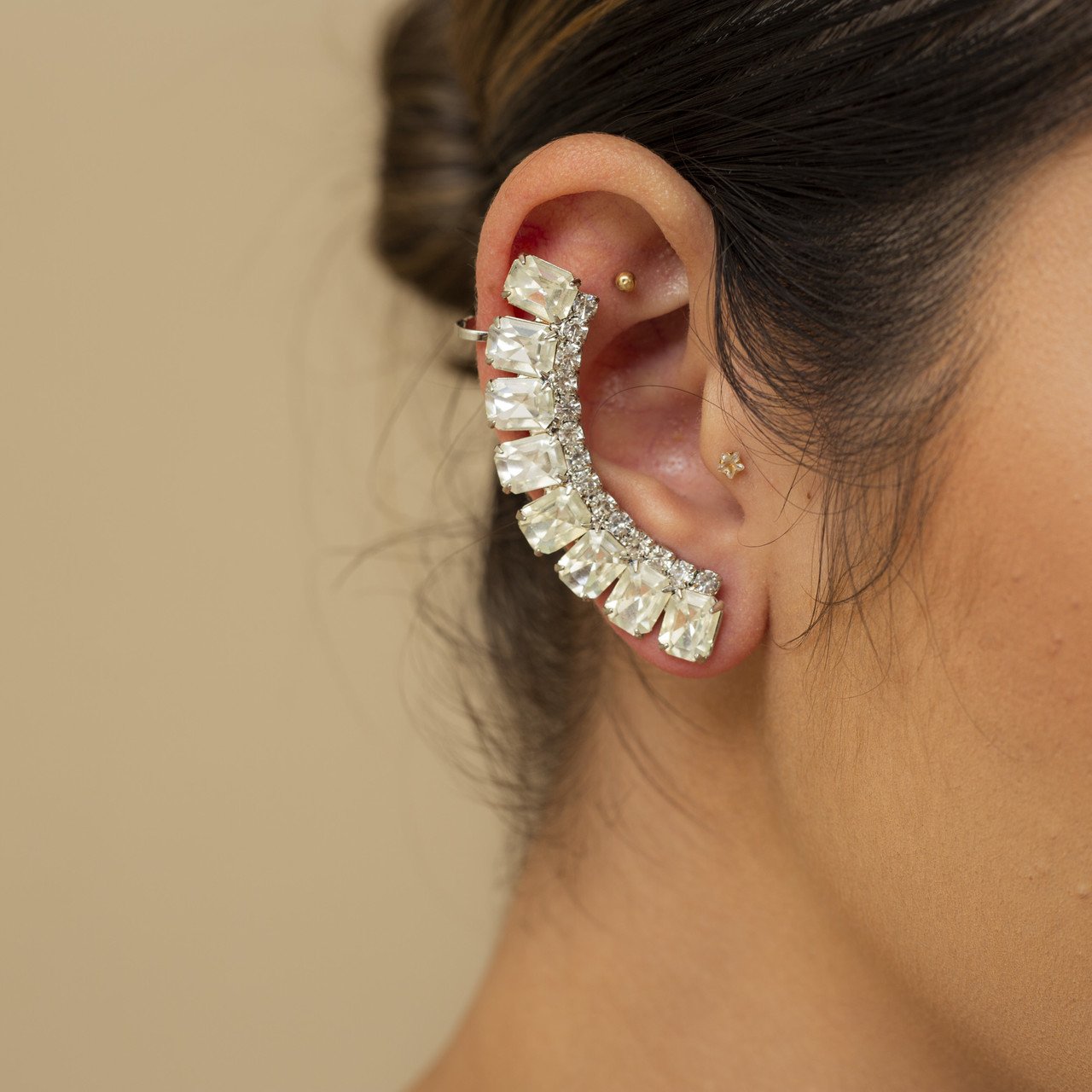 BRINCOS EAR CUFFS EVA CRISTAL QUADRADO ZIRCÔNIA RÓDIO BRANCO