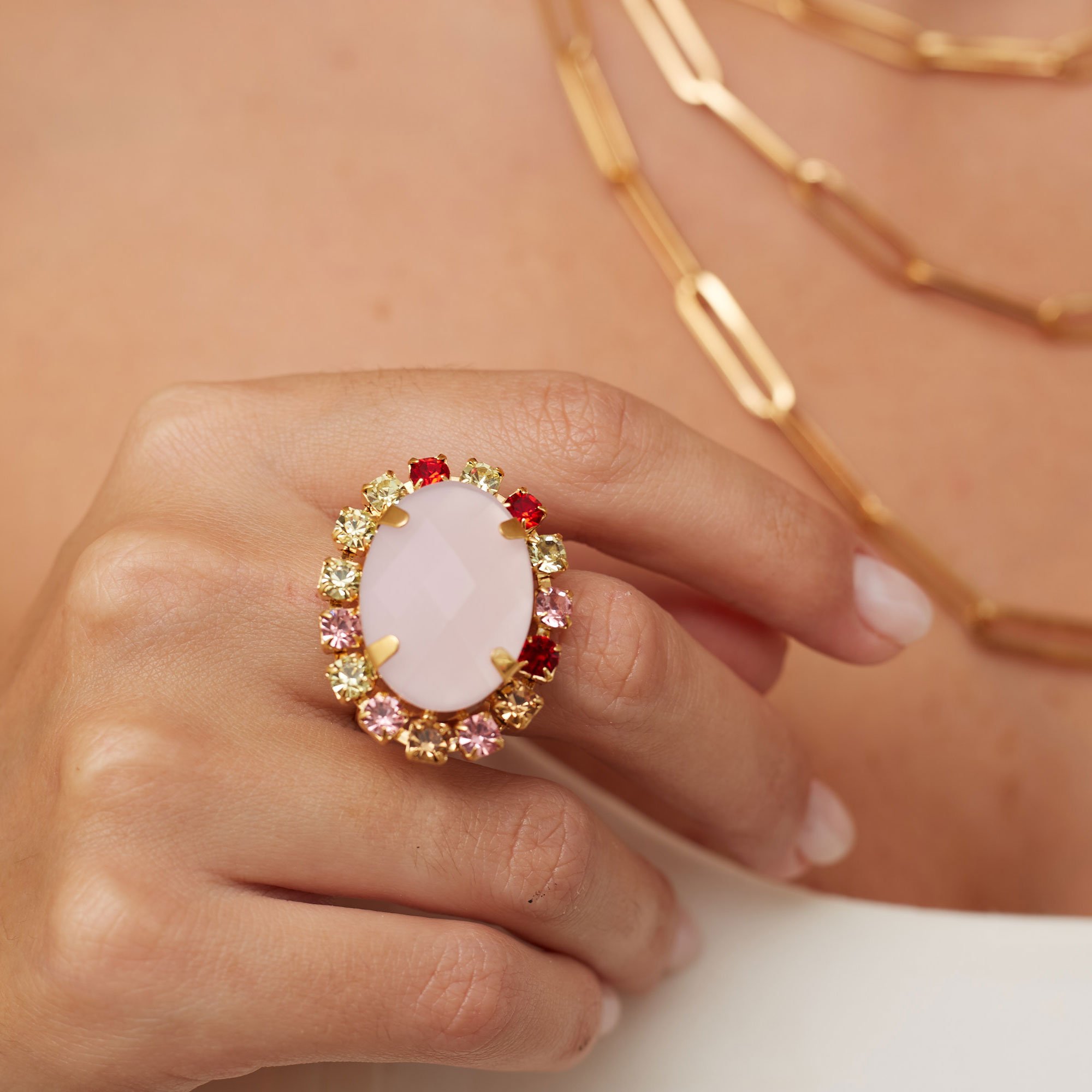 ANEL PURPLE QUARTZO ROSA BANHO OURO