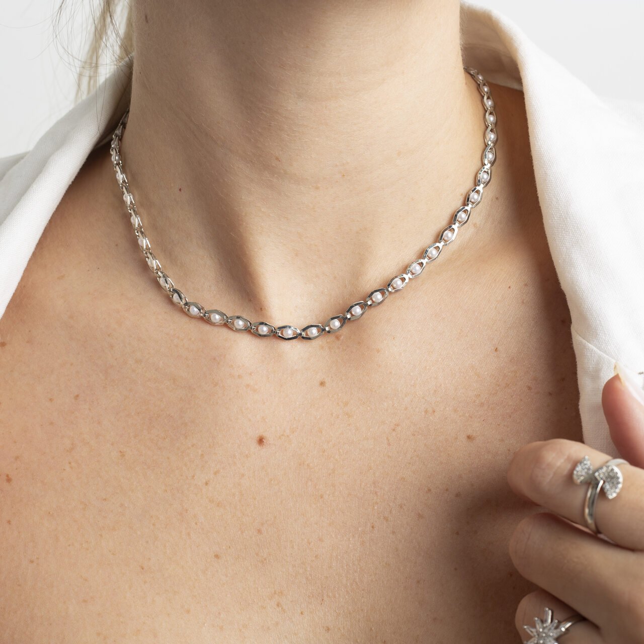 CHOKER VALENÇA ELOS PÉROLAS BANHO RÓDIO BRANCO