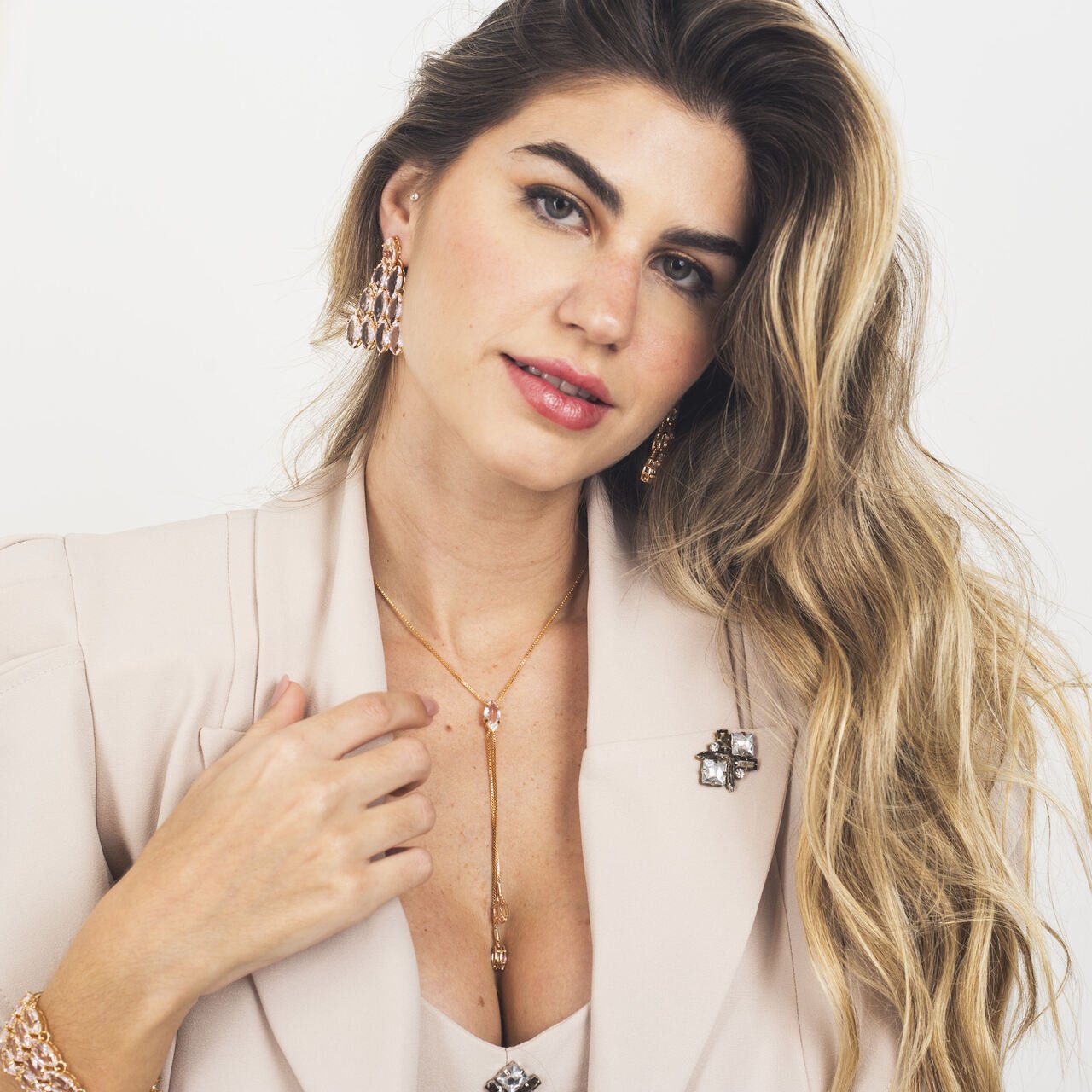 PULSEIRA LOSANGO CRISTAIS NAVETES ROSÉ BANHO OURO