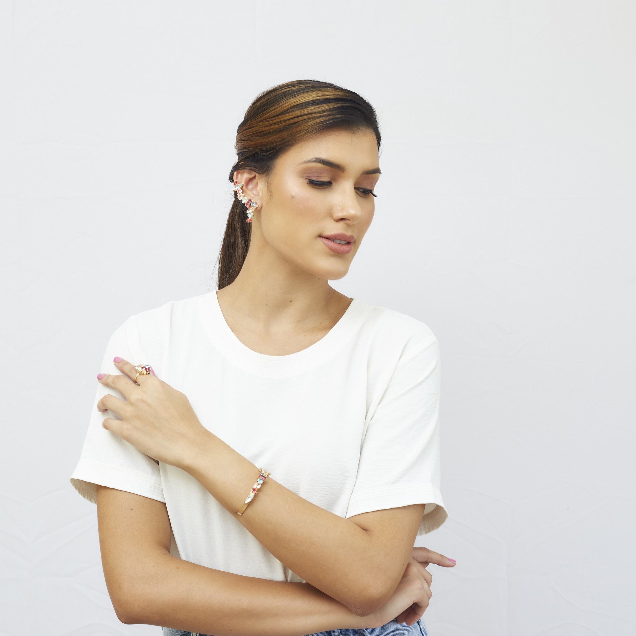 BRINCOS ENCANTA EAR CUFFS MIX CORES BANHO OURO
