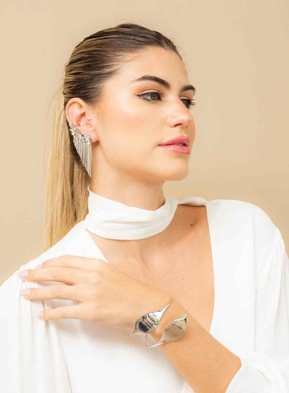 BRINCOS EAR CUFFS FLORES ZIRCÔNIA FRANJA BANHO RÓDIO BRANCO