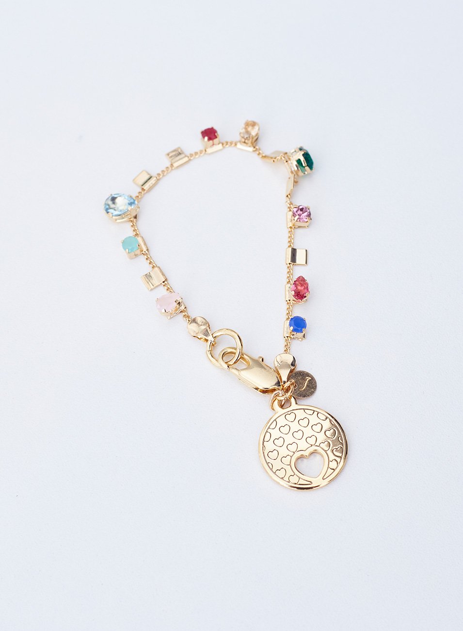 PULSEIRA SOU GRATA PLAQUINHA DE METAL CRISTAIS COLORIDOS BANHO OURO
