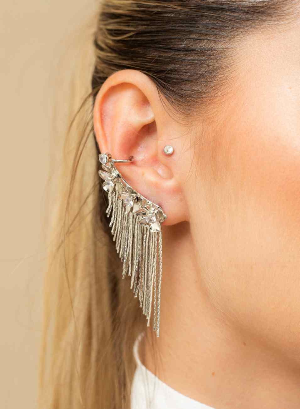 BRINCOS EAR CUFFS FLORES ZIRCÔNIA FRANJA BANHO RÓDIO BRANCO