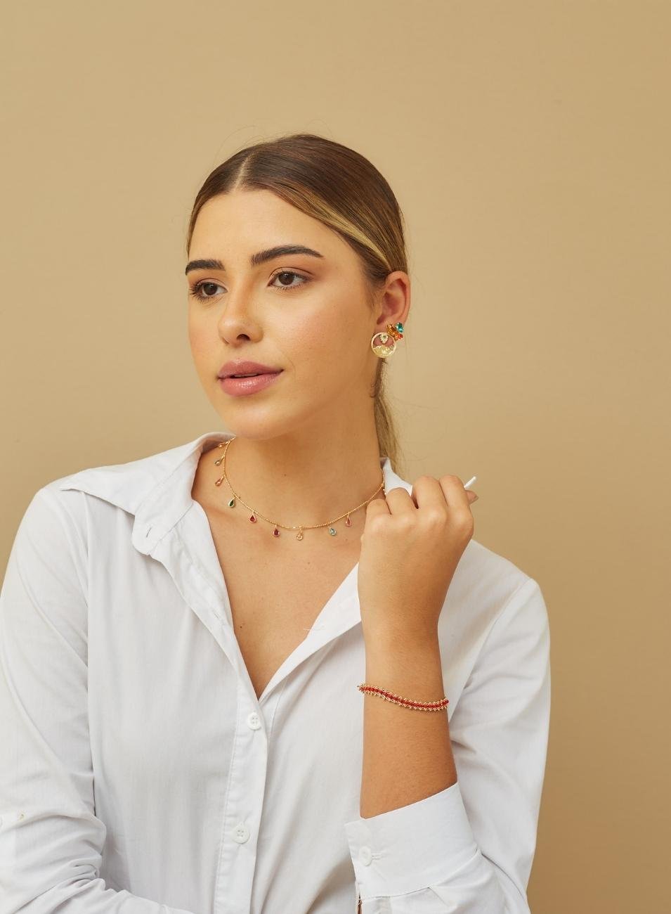CHOKER CRISTAIS GOTA COLORIDOS BANHO OURO