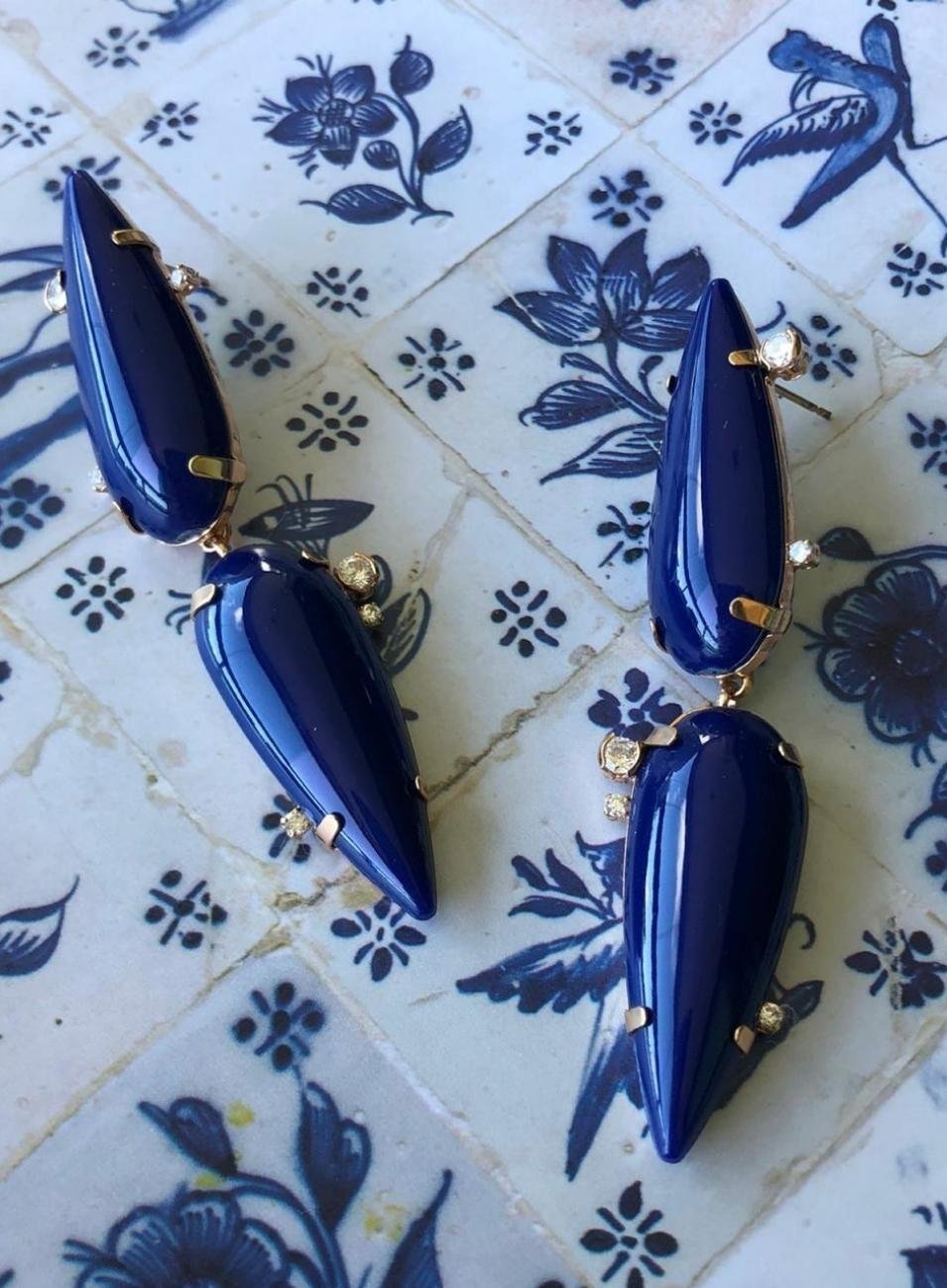 BRINCOS GOTTI GOTA AZUL DUPLA ZIRCÔNIA BANHO OURO