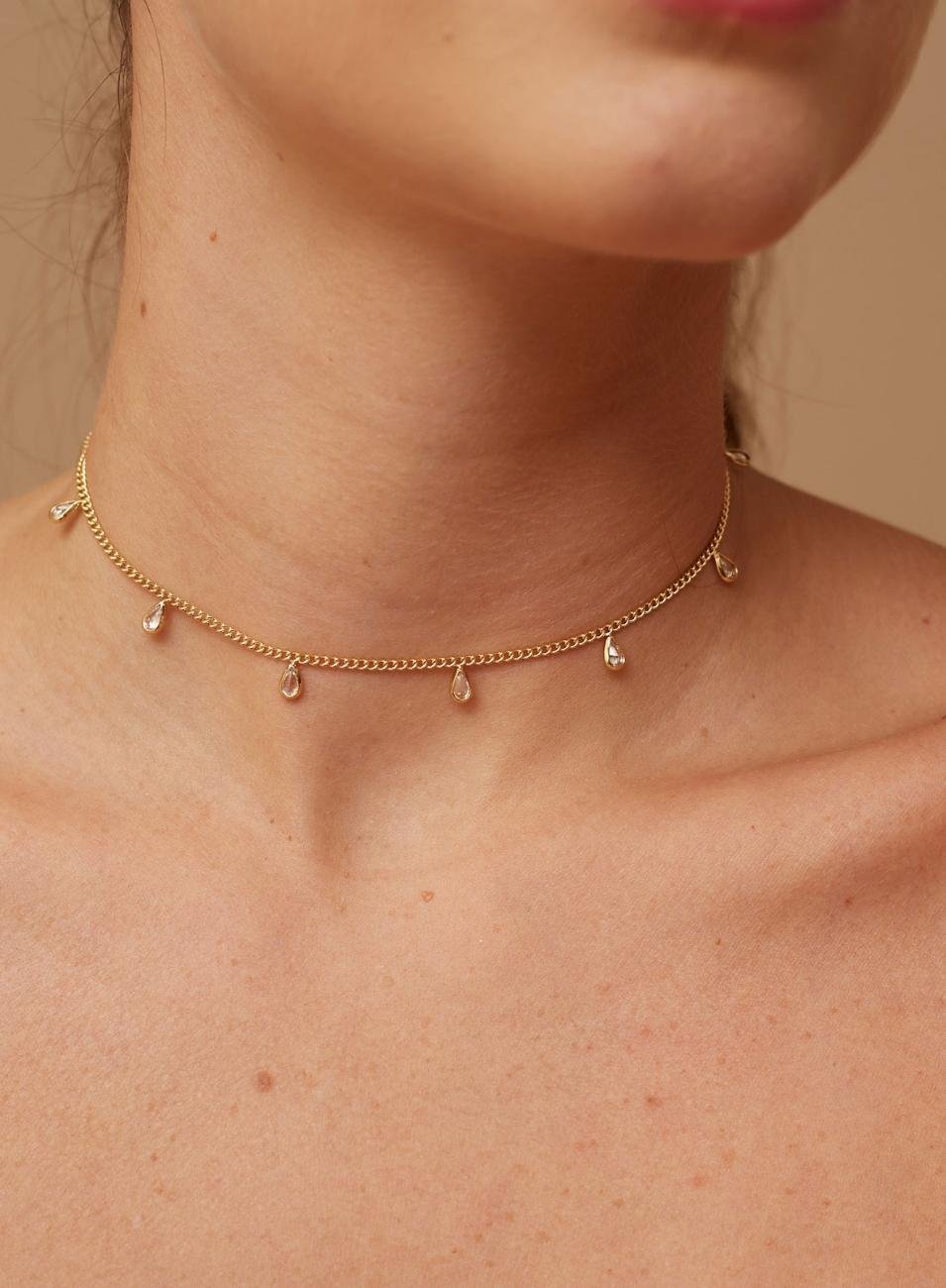 CHOKER RAIN GOTAS ZIRCÔNIAS INCOLORES BANHO OURO