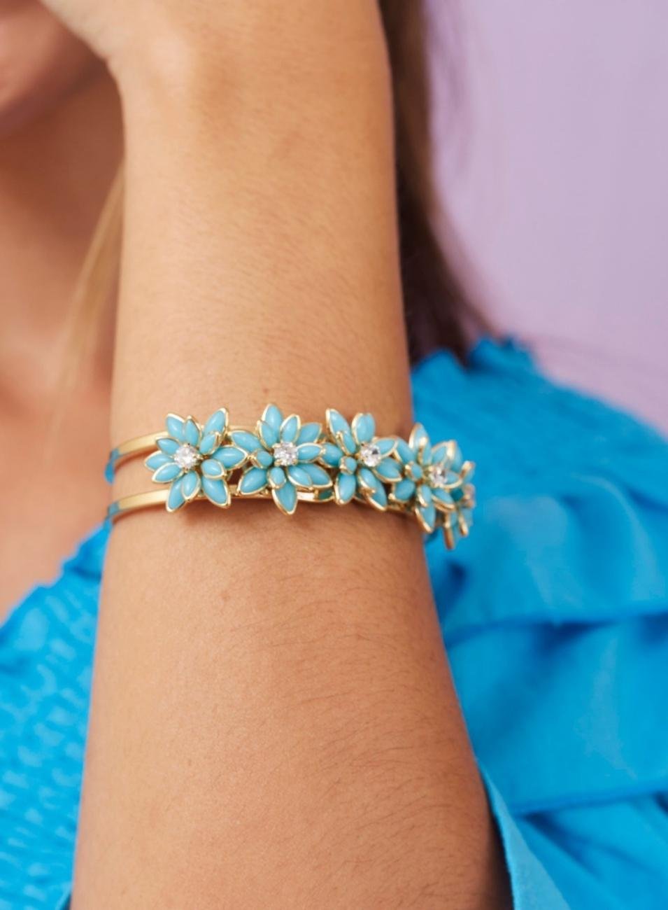 BRACELETE REVOAR FLOR TURQUESA BANHO OURO
