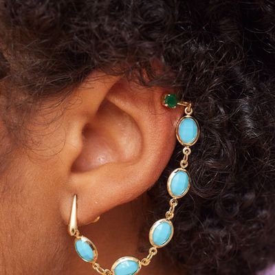 BRINCOS ELOÁ EAR CUFF CORRENTE RESINAS TURQUESA BANHO OURO