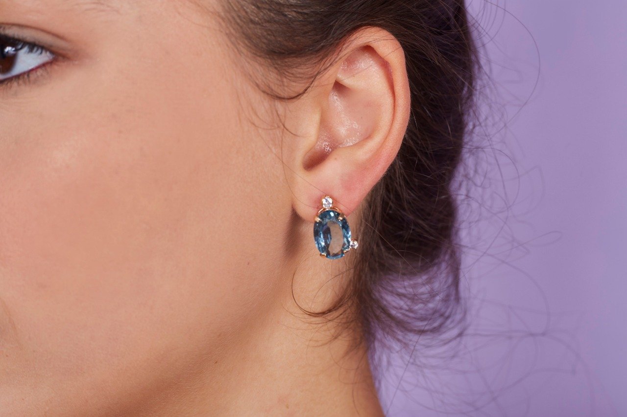 BRINCOS MARY CRISTAL AZUL CLARO ZIRCÔNIA OURO