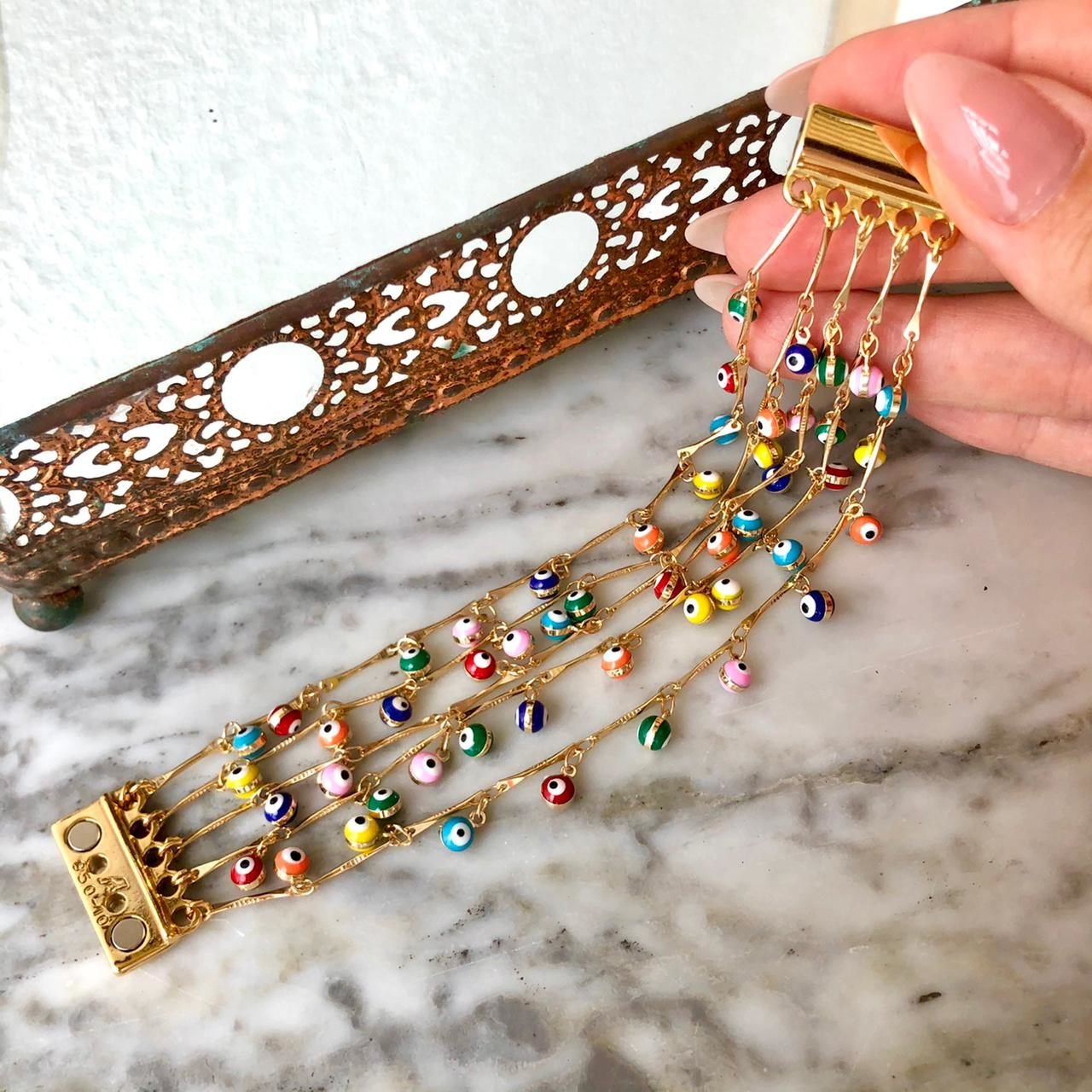PULSEIRA CALI OLHO GREGO ESMALTADO BANHO OURO