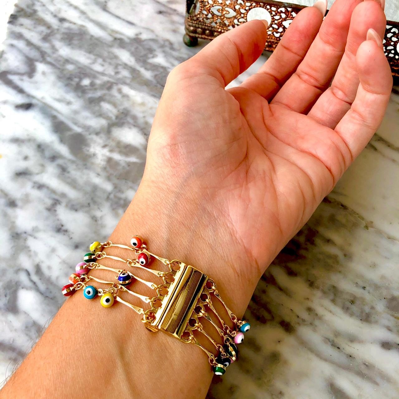 PULSEIRA CALI OLHO GREGO ESMALTADO BANHO OURO