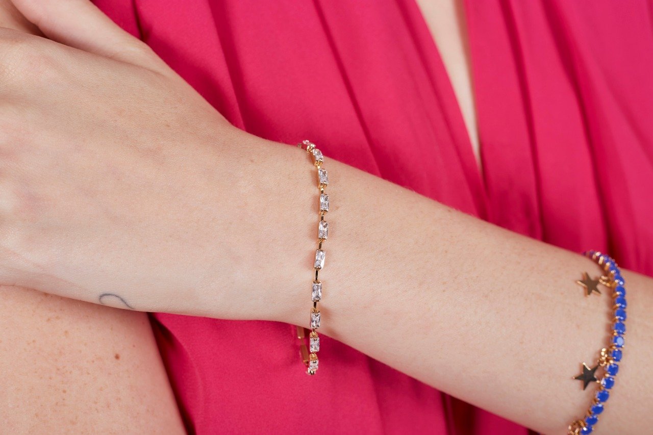 PULSEIRA SAVIANI BAGUETE ZIRCÔNIA BANHO OURO
