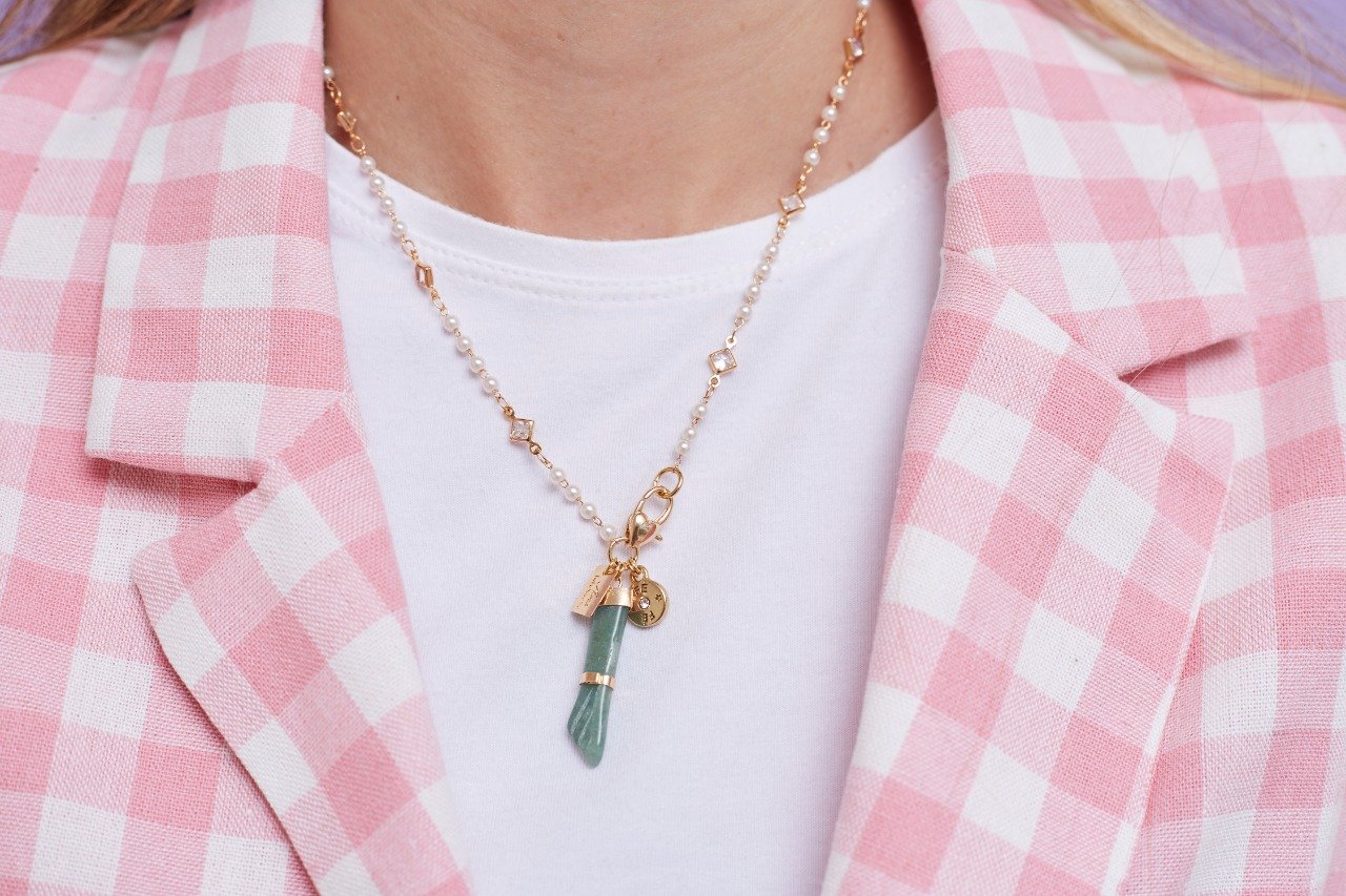 COLAR FIGA VERDE JADE CORRENTE PEROLA ZIRCÔNIA BANHO OURO