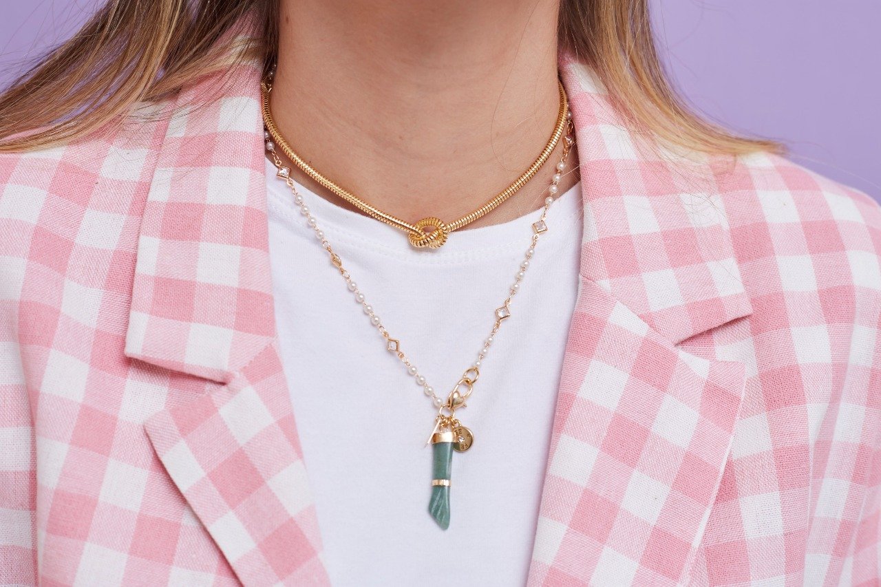 COLAR FIGA VERDE JADE CORRENTE PEROLA ZIRCÔNIA BANHO OURO