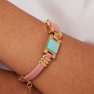 PULSEIRA KARIAN VERDE ÁGUA E ROSA BANHO OURO