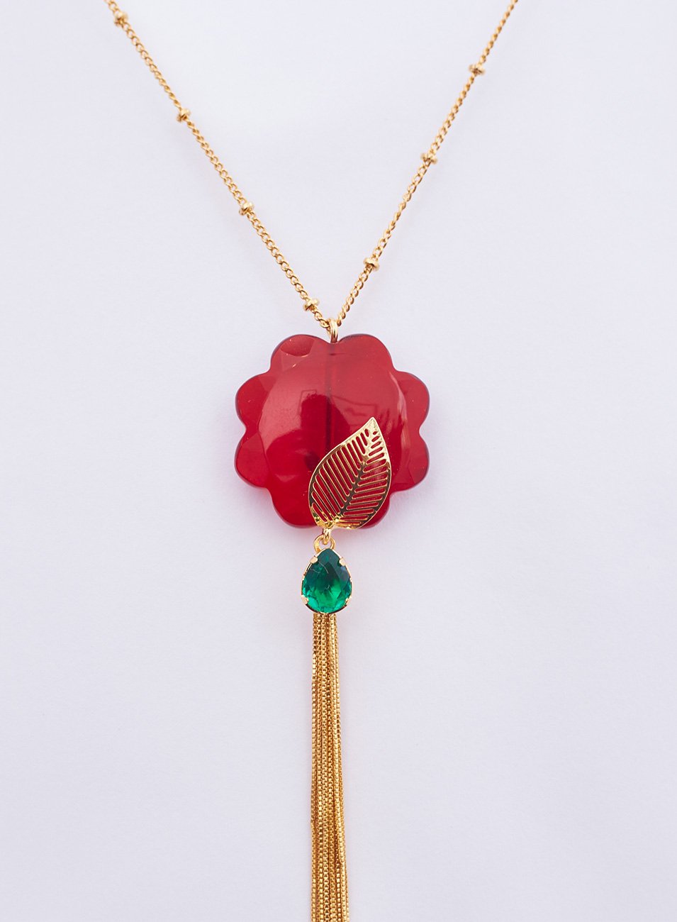 COLAR FLOR PINGENTE VERMELHO FRANJA BANHO OURO