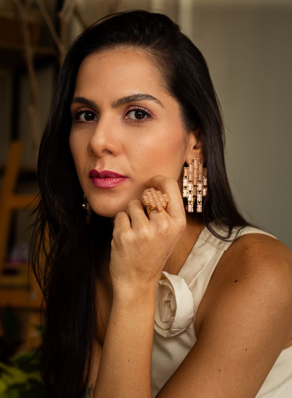 ANEL AMÉLIA BAGUETE ROSA COM BANHO RÓDIO BRANCO