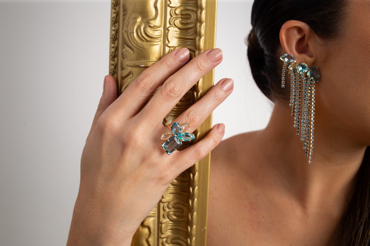 ANEL CELESTE AZUL MIX CRISTAIS COM BANHO OURO