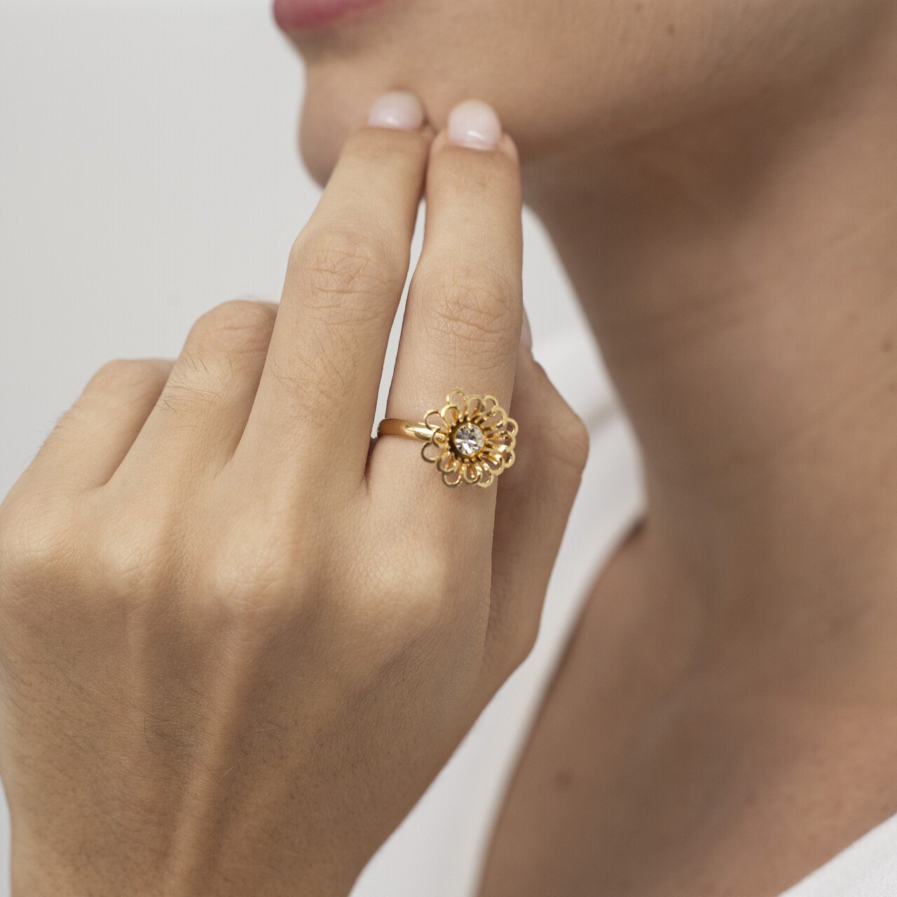 ANEL LÍO FLOR CRISTAL BANHO OURO