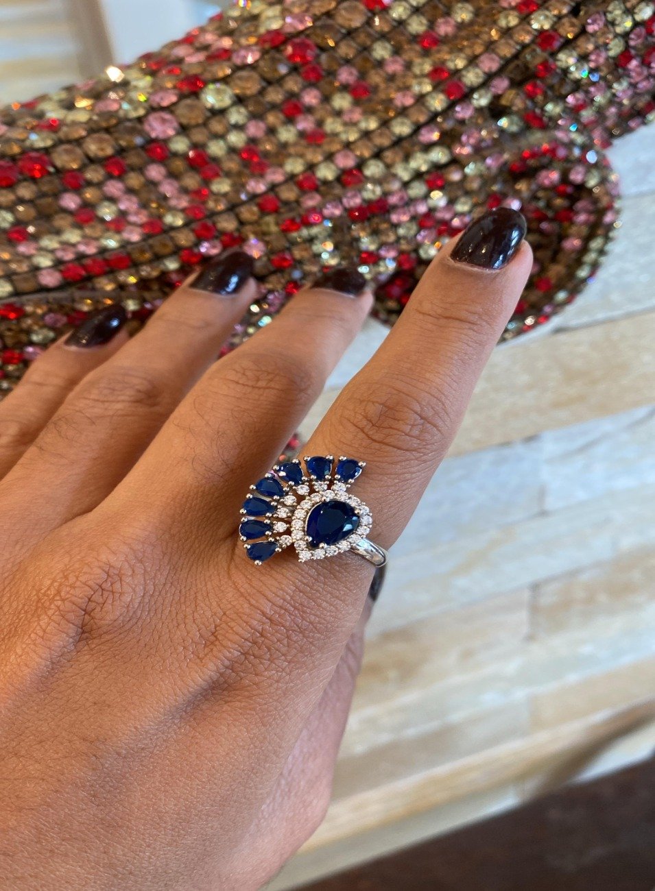 ANEL MAREZA GOTAS AZUIS MINI ZIRCÔNIAS BANHO RÓDIO BRANCO