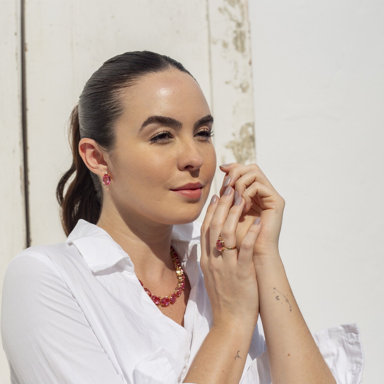 ANEL MARY CRISTAL SAFIRA ROSA ZIRCÔNIA BANHO OURO