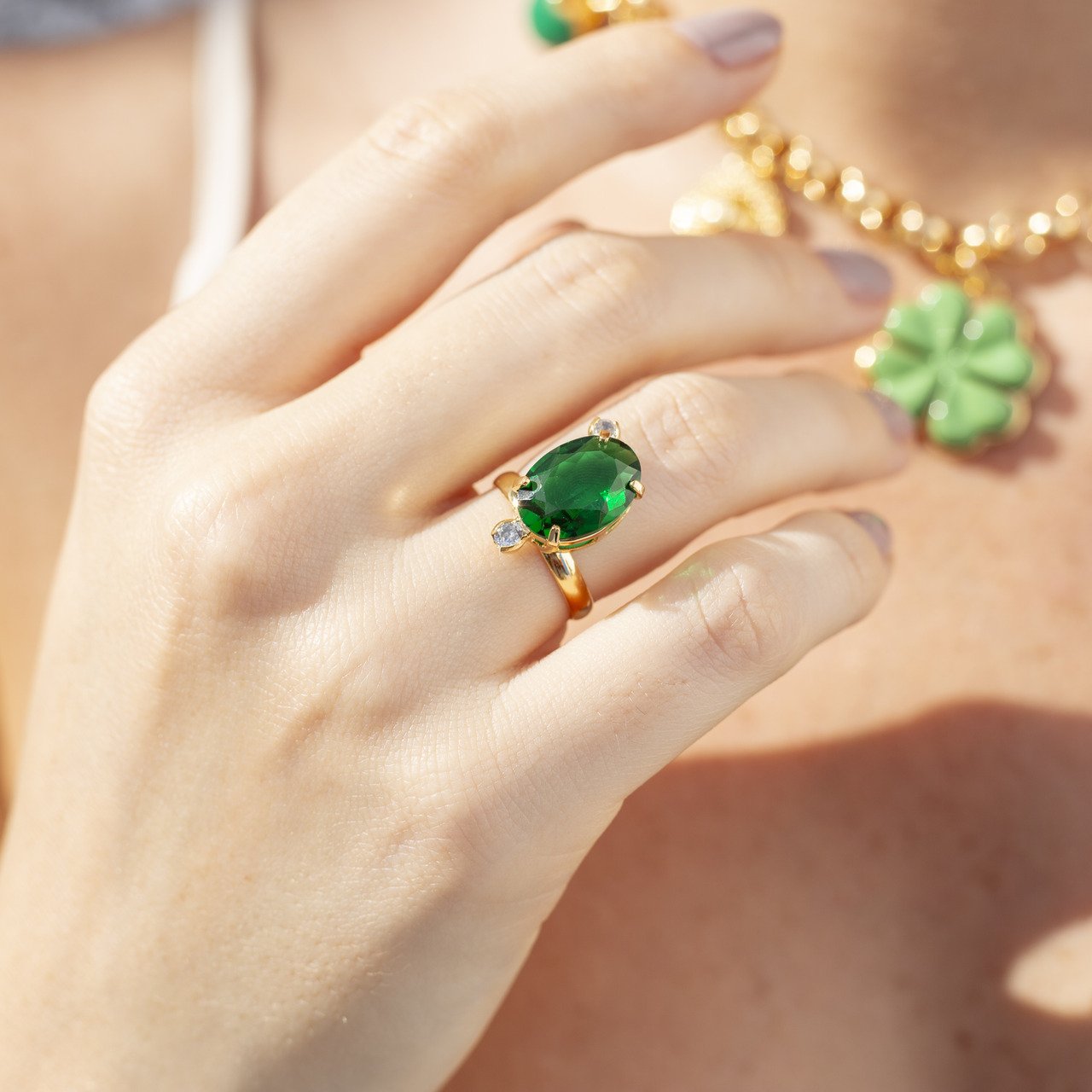 ANEL MARY CRISTAL VERDE ESMERALDA ZIRCÔNIA BANHO OURO