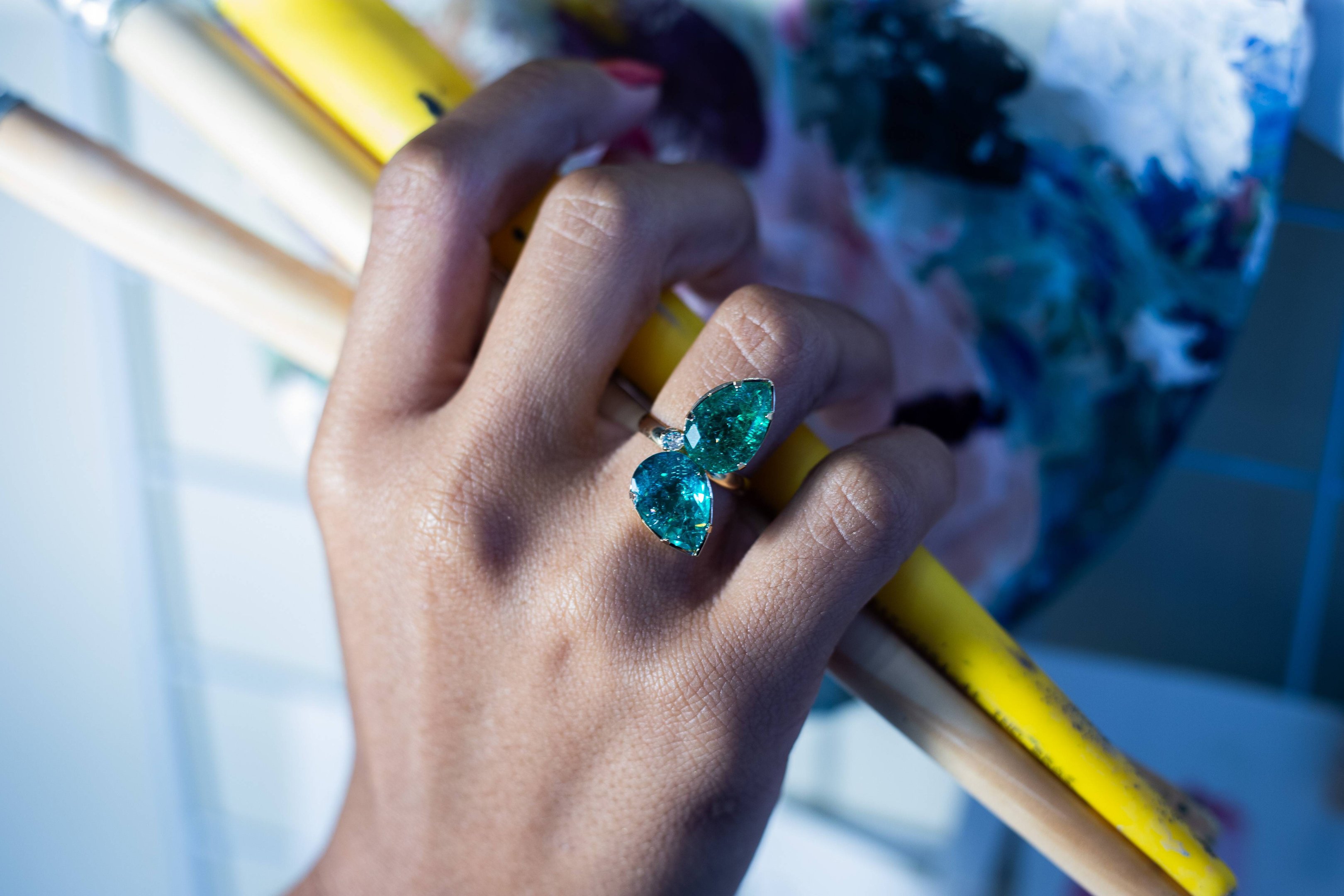 ANEL VENEZA GOTA DUPLA FUSION VERDE PARAÍBA ZIRCONIA BANHO OURO