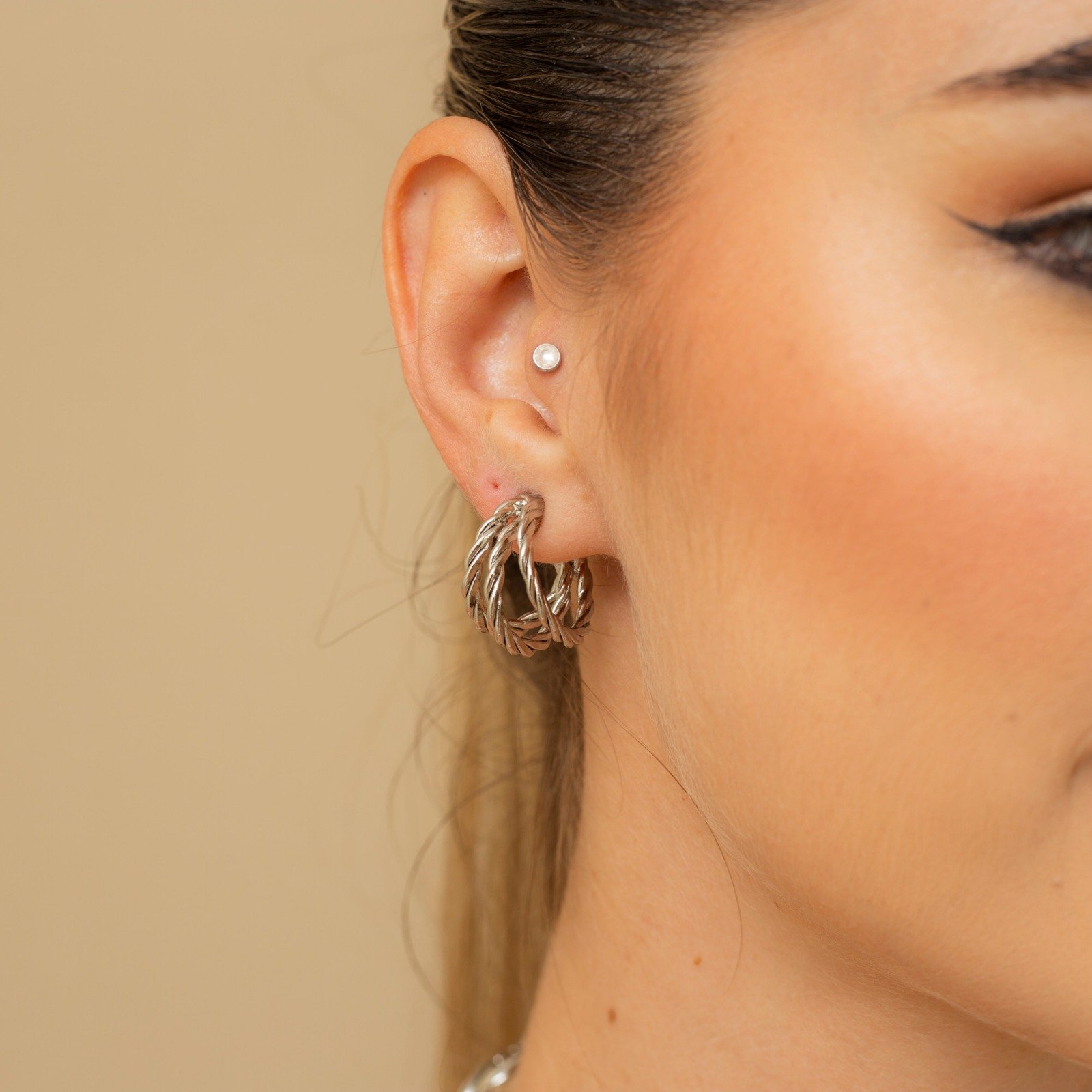 ARGOLAS TROIS 3 ELOS TRANÇADOS BANHO RÓDIO BRANCO