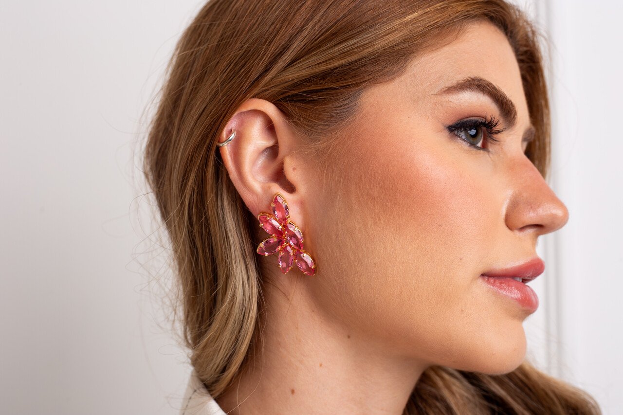 BRINCOS ASA NAVETE CRISTAL SAFIRA ROSA BANHO OURO