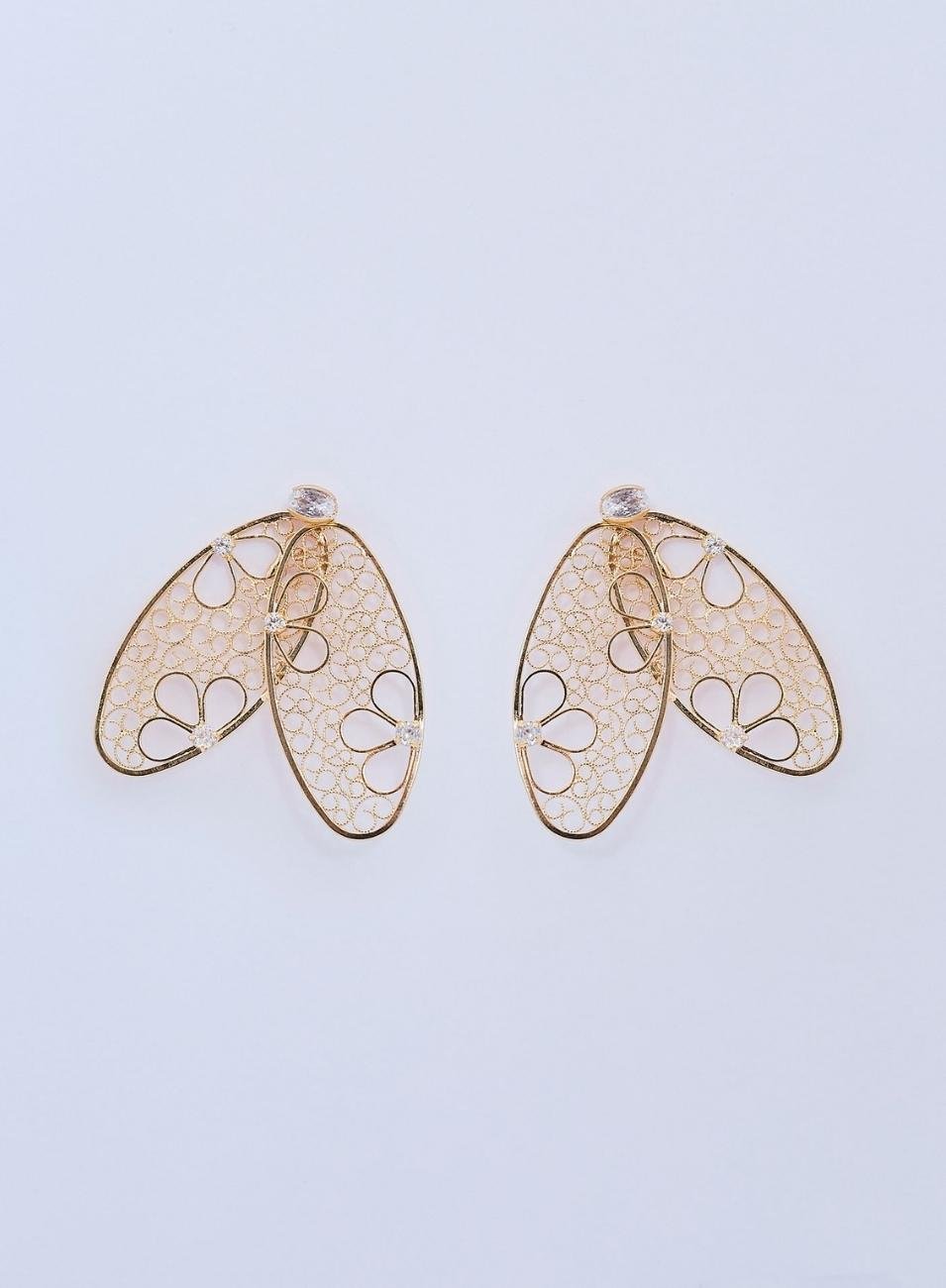 BRINCOS BORBOLETA CRAVAÇÃO CRISTAIS INCOLOR BANHO OURO