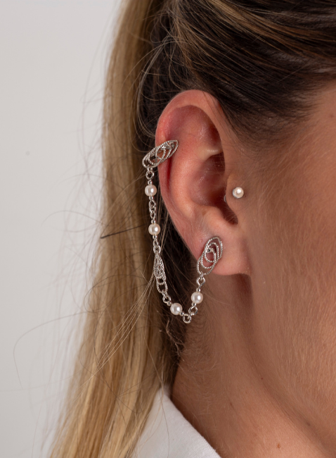 BRINCOS EARCUFF ALICIA ELOS PÉROLA BANHO RÓDIO BRANCO